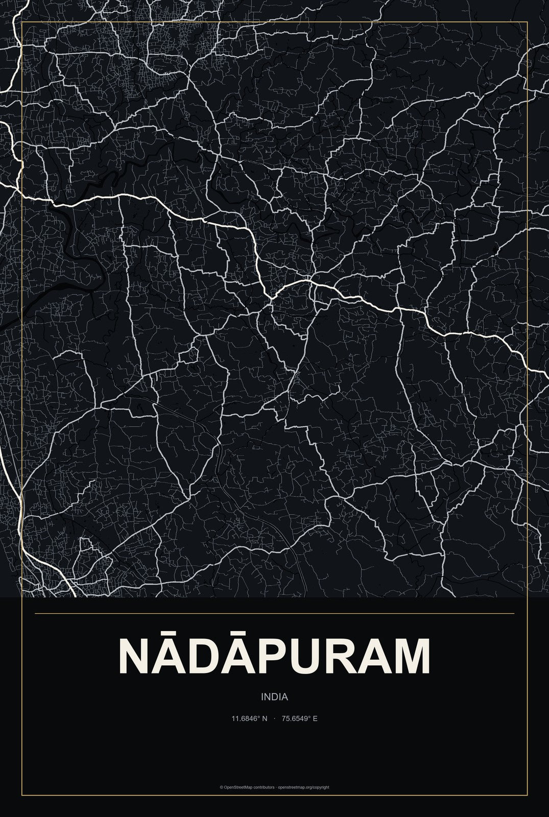 Nādāpuram, India City Map Aluminum Sign in Metropolitan Noir style