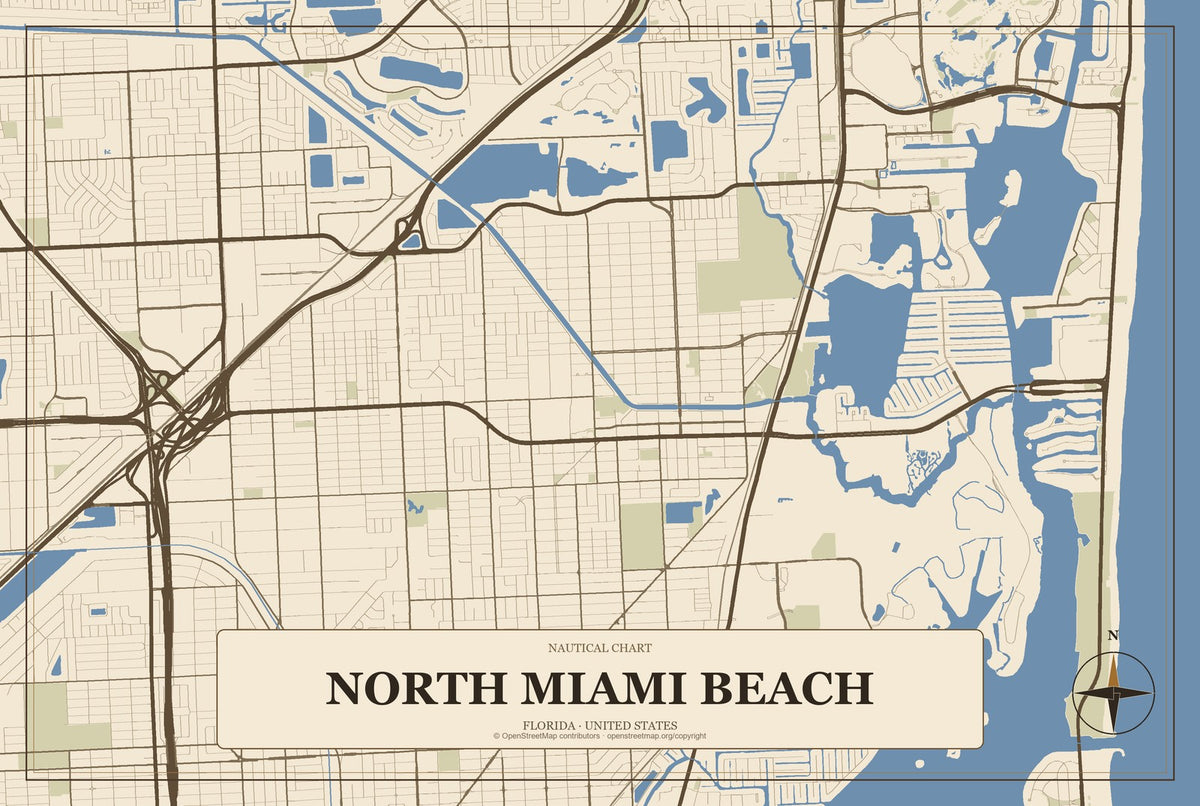 North Miami Beach, Florida City Map Aluminum Sign in Heritage Nautical style