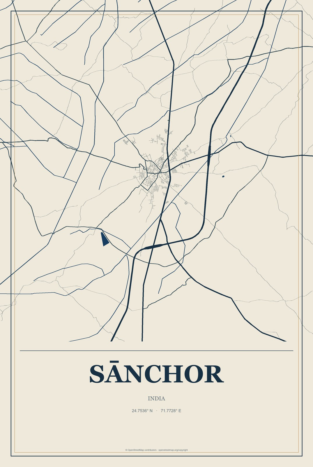 Sānchor, India City Map Aluminum Sign in Coastal Cutout style