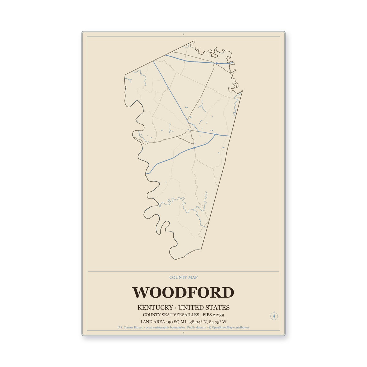 Woodford County, Kentucky Map Aluminum Sign in Heritage Nautical style