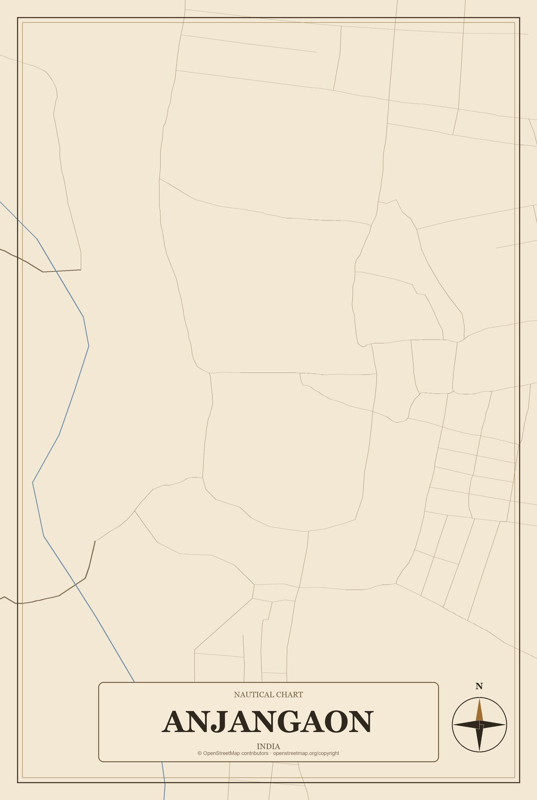 Anjangaon, India City Map Aluminum Sign in Heritage Nautical style