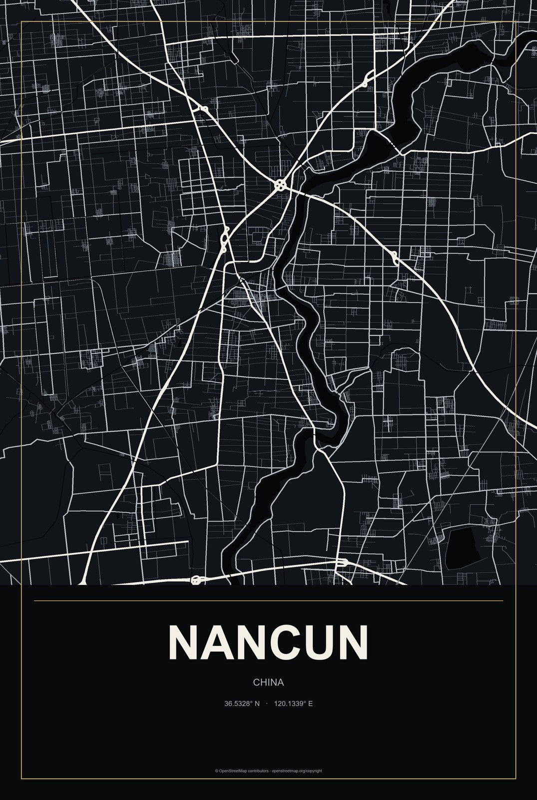 Nancun, China City Map Aluminum Sign in Metropolitan Noir style