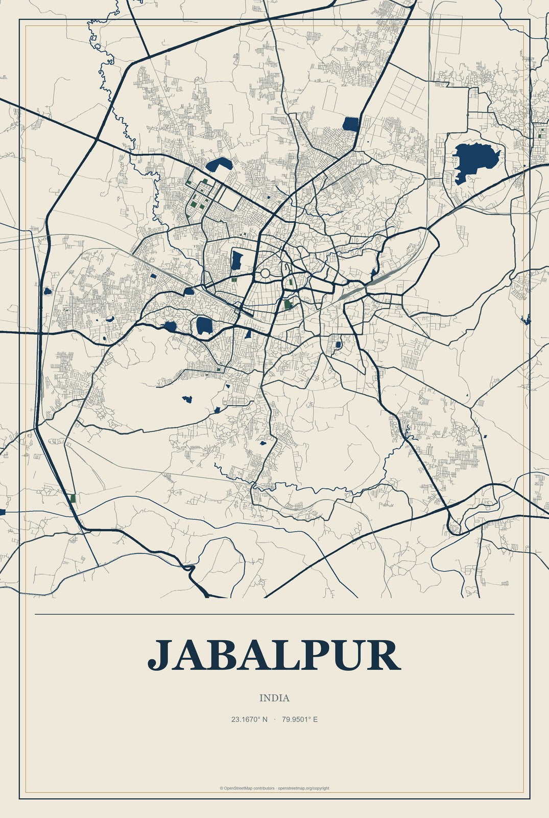 Jabalpur, India City Map Aluminum Sign in Coastal Cutout style