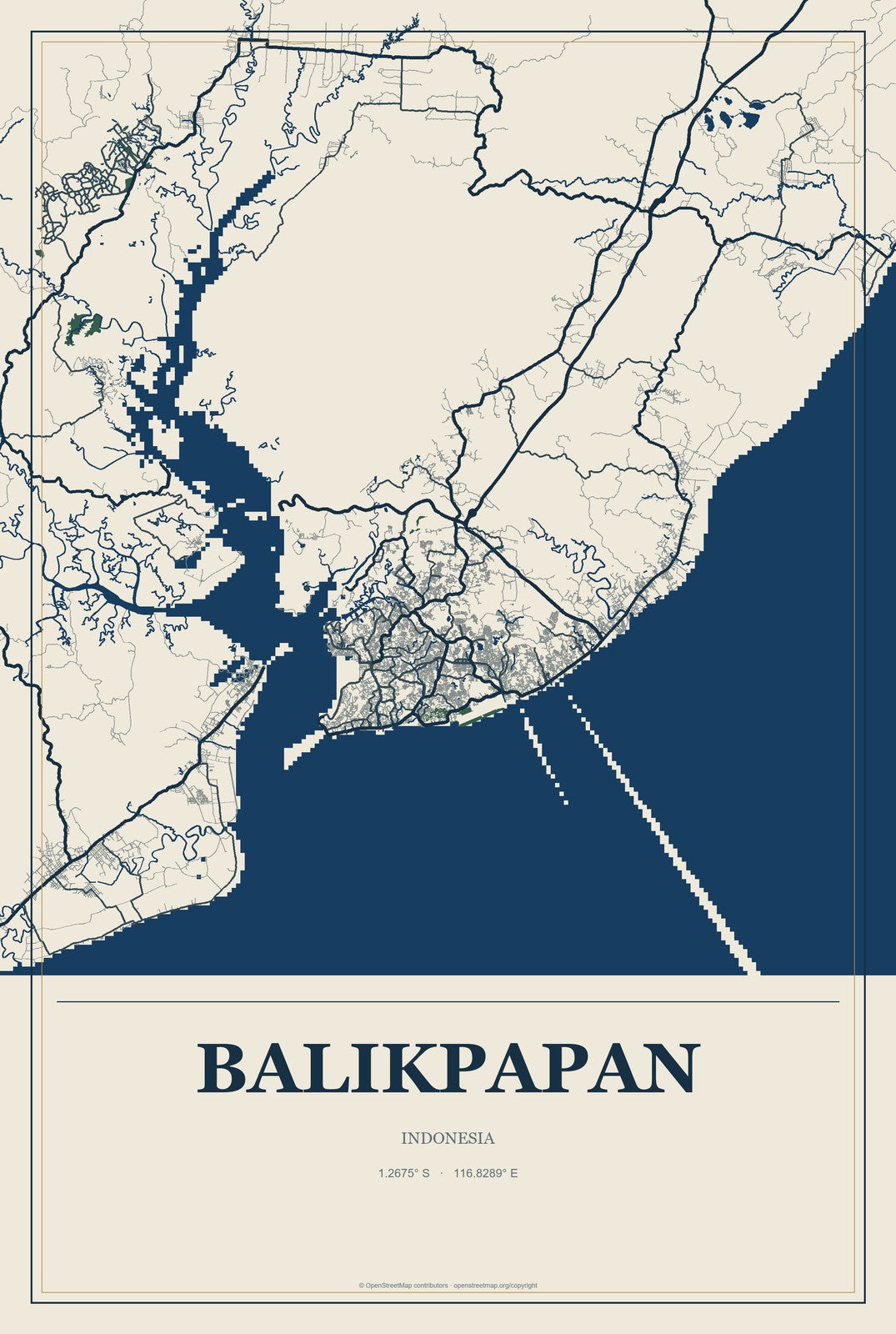 Balikpapan, Indonesia City Map Aluminum Sign in Coastal Cutout style