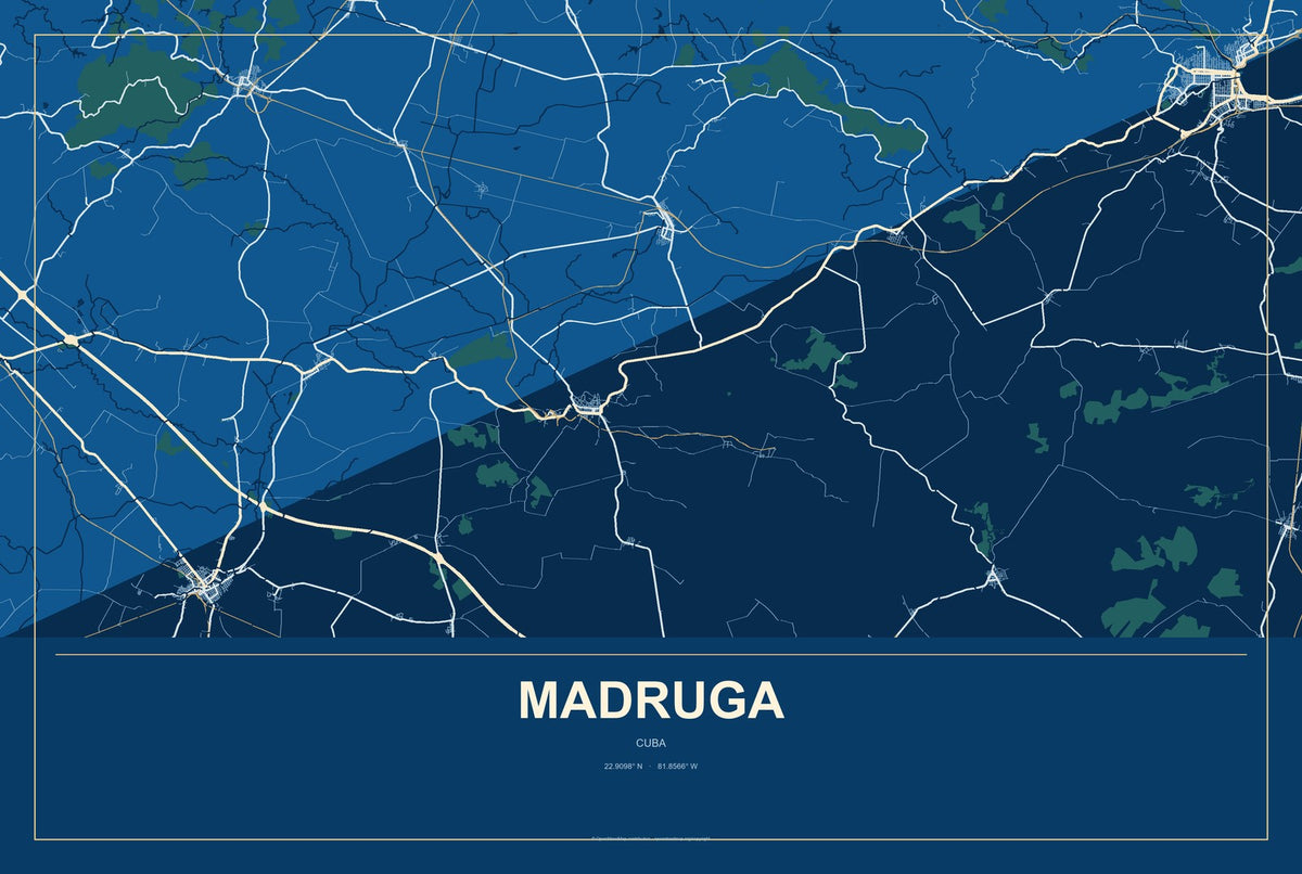 Madruga, Cuba City Map Aluminum Sign in Harbor Cobalt style