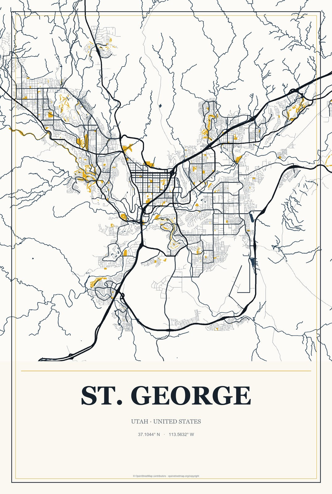 St. George, Utah City Map Aluminum Sign in Citrine Modern style
