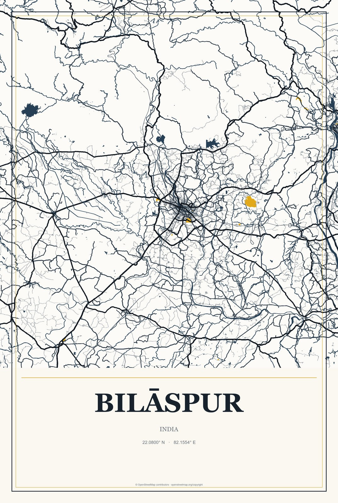 Bilāspur, Haryana, India City Map Aluminum Sign in Citrine Modern style