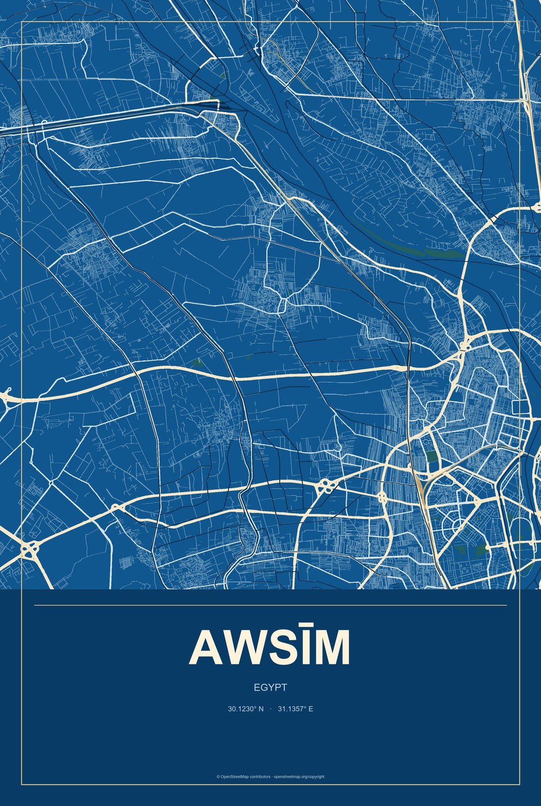 Awsīm, Egypt City Map Aluminum Sign in Harbor Cobalt style