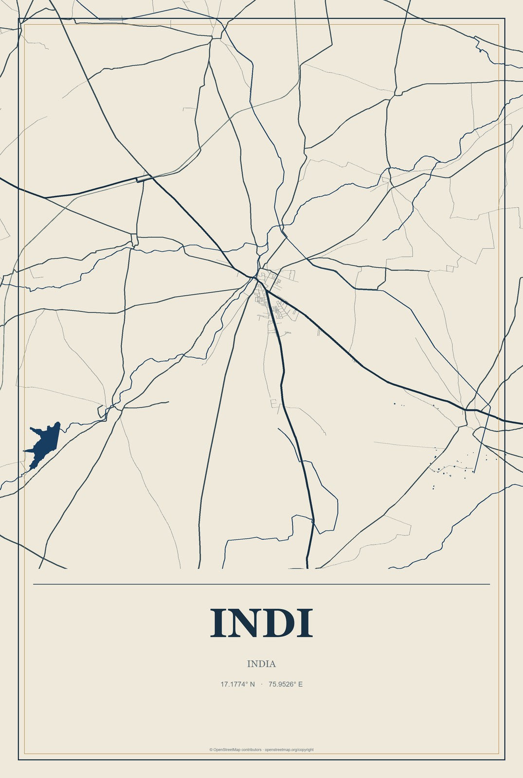 Indi, India City Map Aluminum Sign in Coastal Cutout style