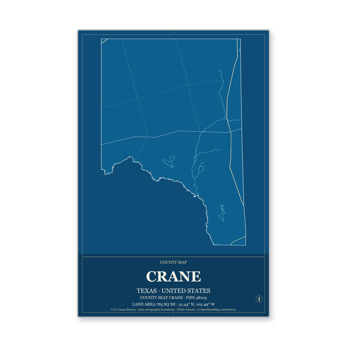 Crane County, Texas Map Aluminum Sign in Harbor Cobalt style