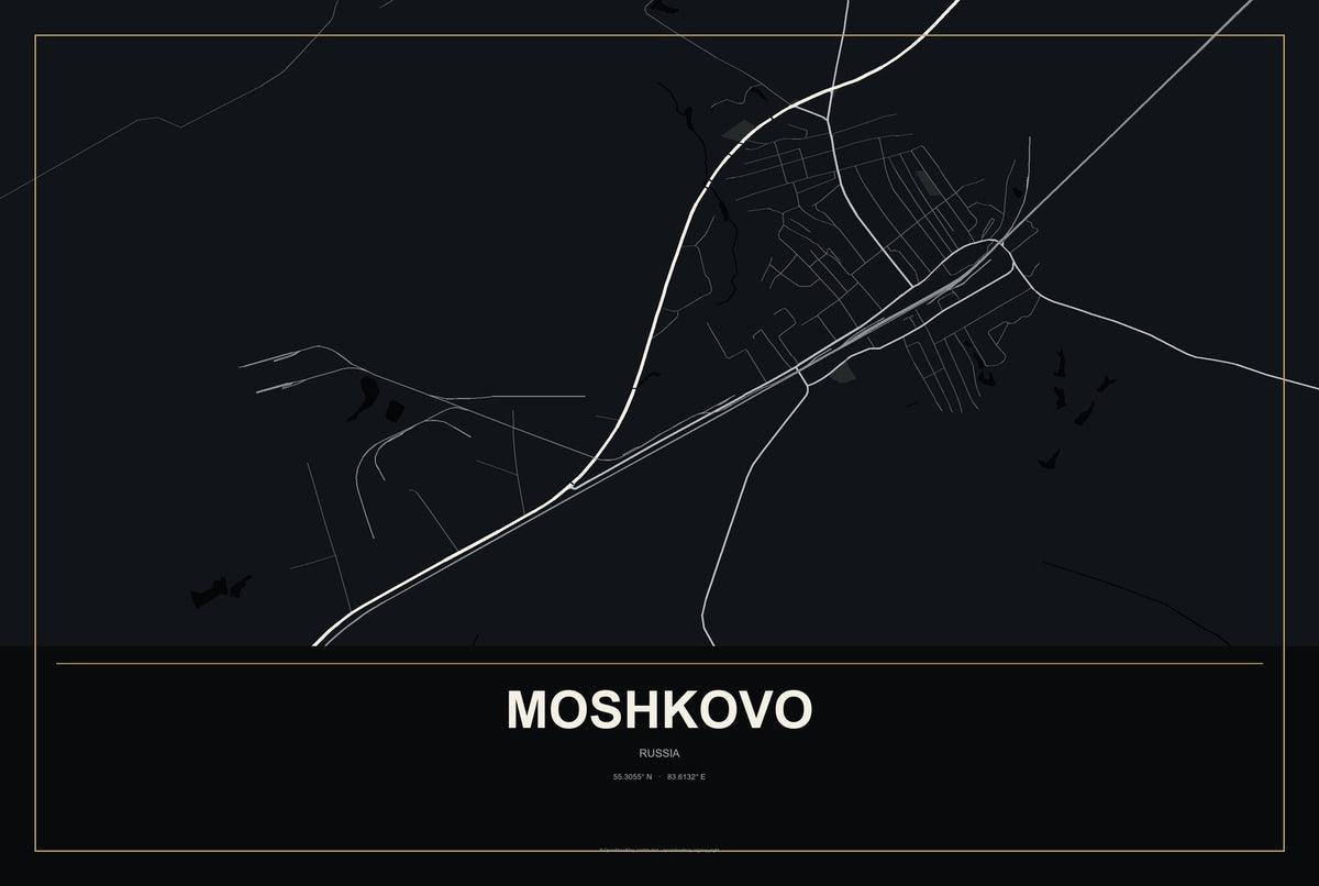 Moshkovo, Russia City Map Aluminum Sign in Metropolitan Noir style