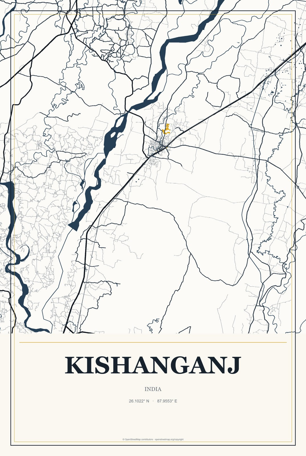 Kishanganj, India City Map Aluminum Sign in Citrine Modern style