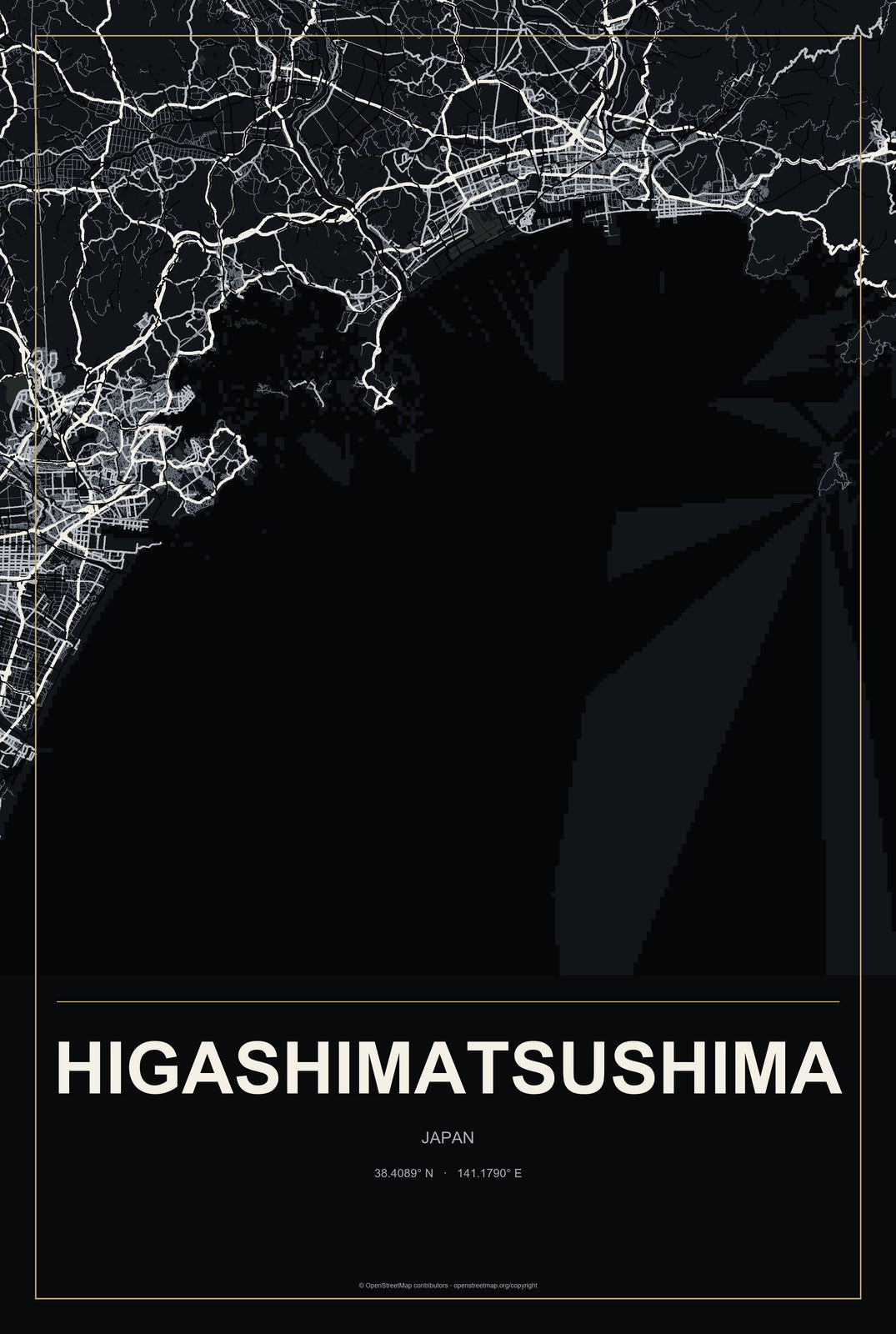 Higashimatsushima, Japan City Map Aluminum Sign in Metropolitan Noir style