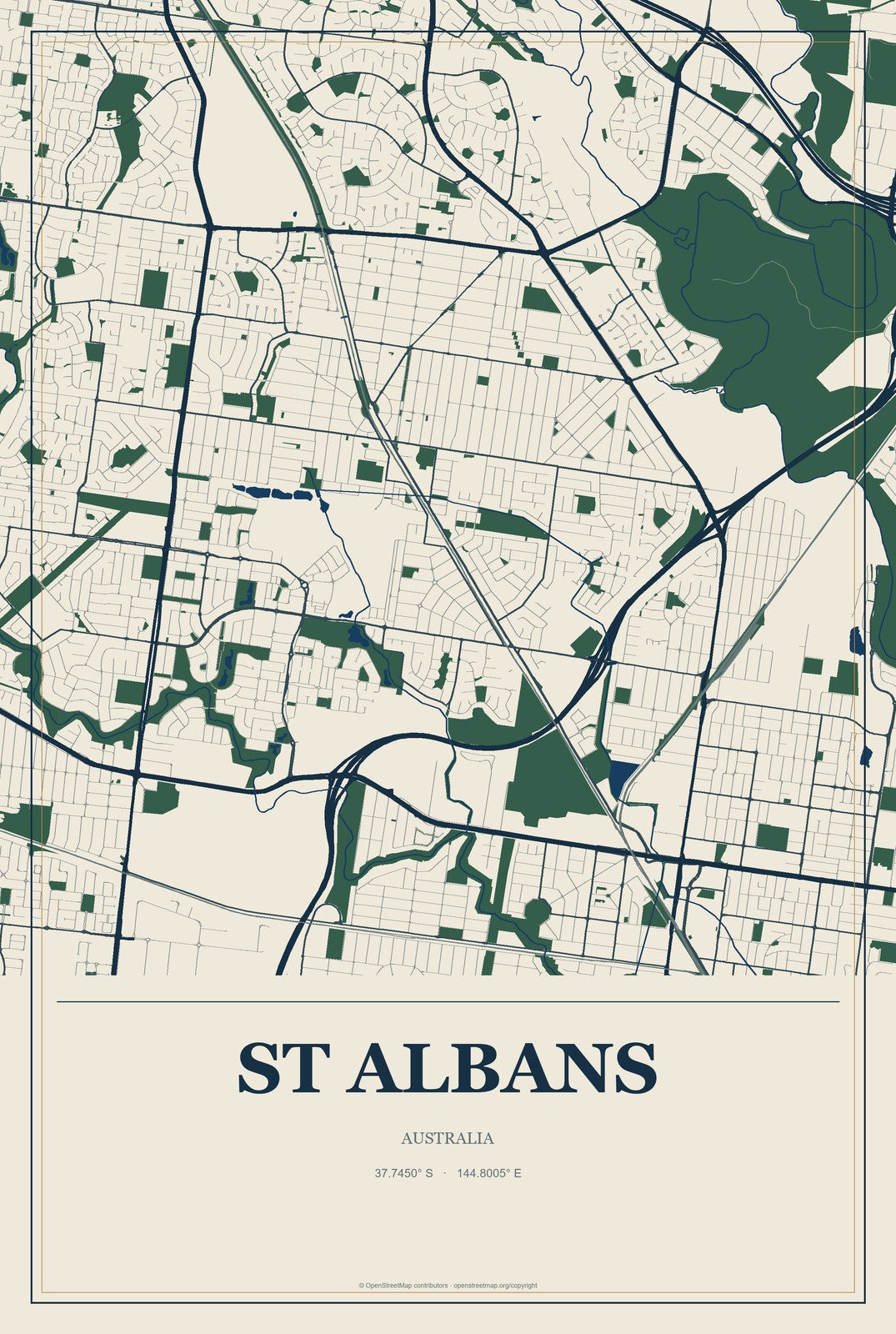 St Albans, Australia City Map Aluminum Sign in Coastal Cutout style