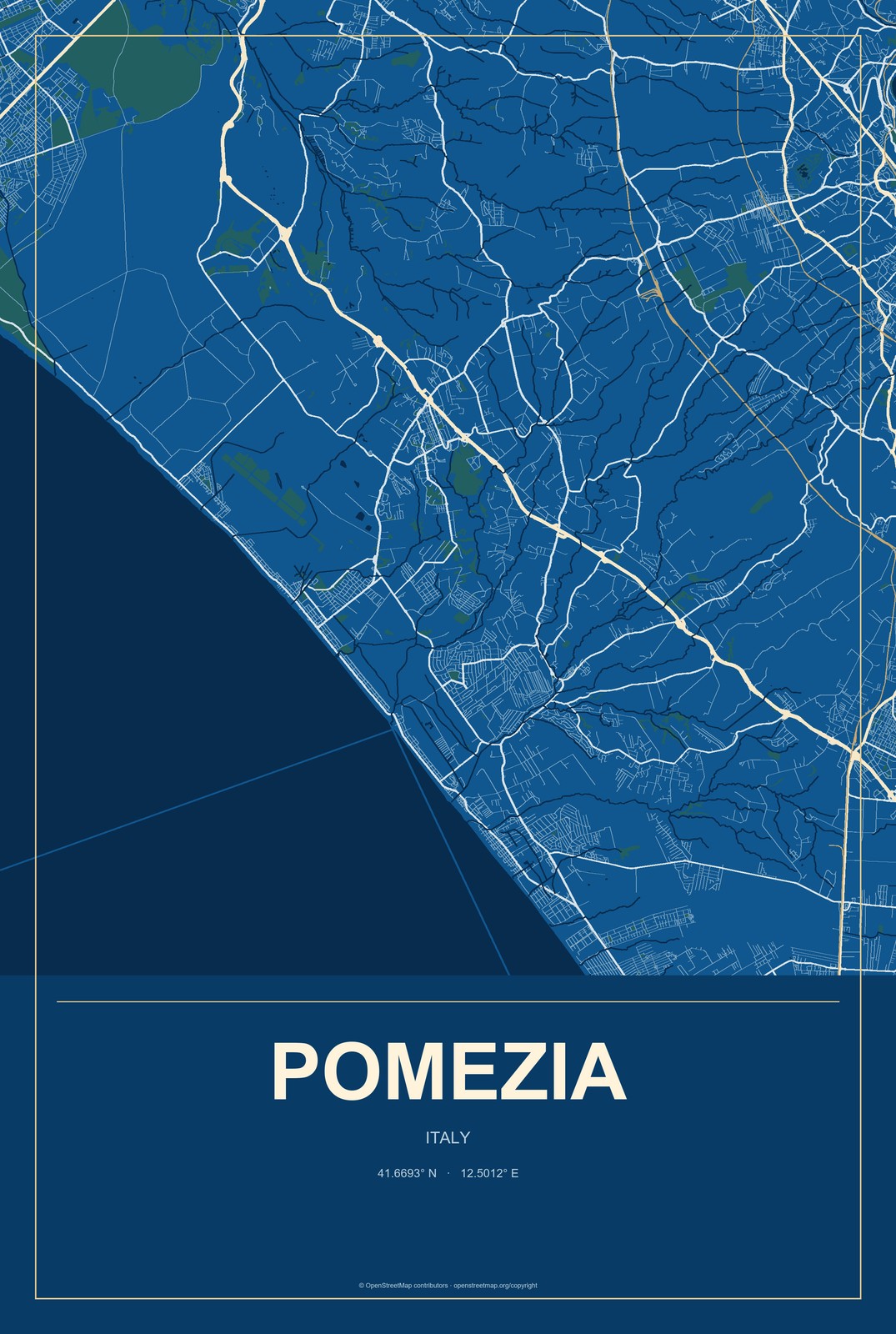 Pomezia, Italy City Map Aluminum Sign in Harbor Cobalt style