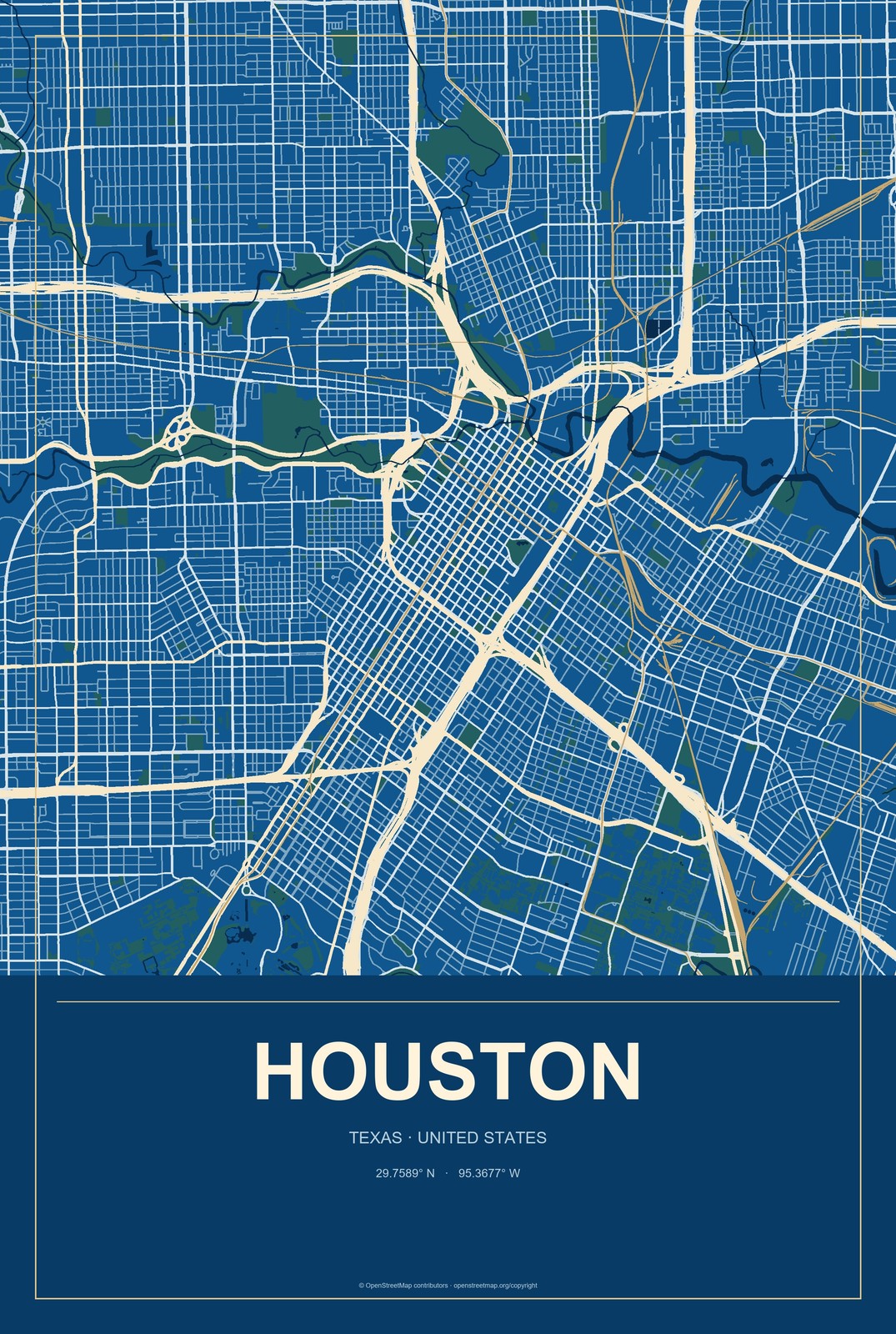 Houston, Texas City Map Aluminum Sign in Harbor Cobalt style