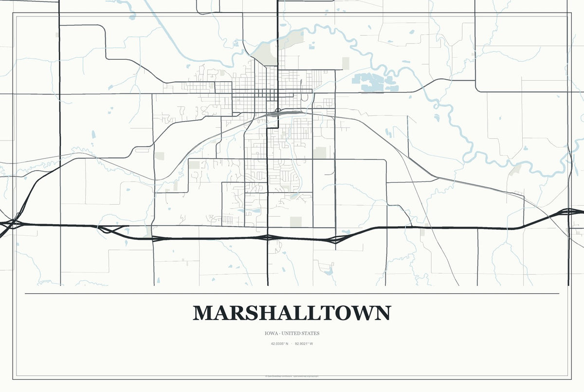 Marshalltown, Iowa City Map Aluminum Sign in Gallery Air style