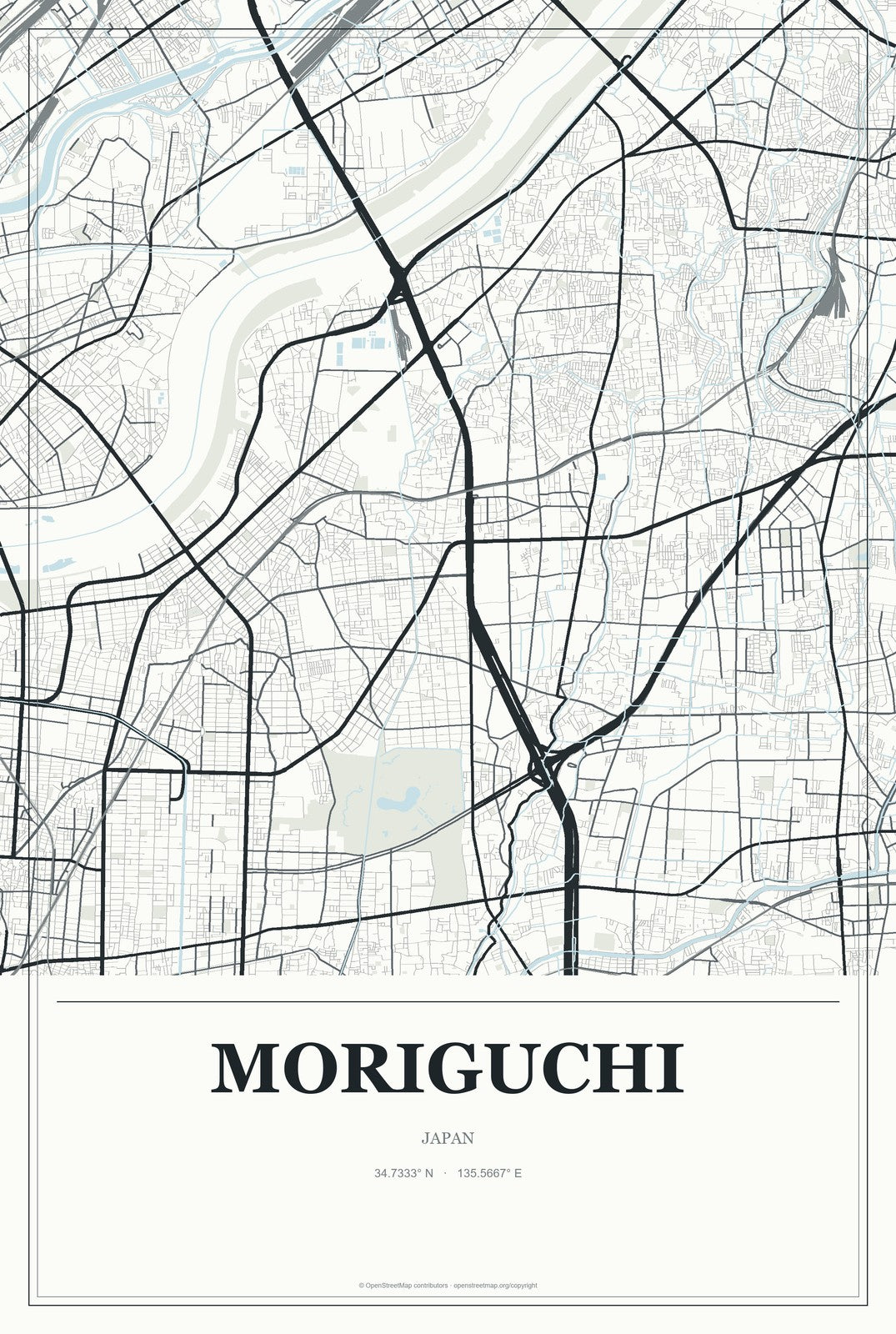 Moriguchi, Japan City Map Aluminum Sign in Gallery Air style