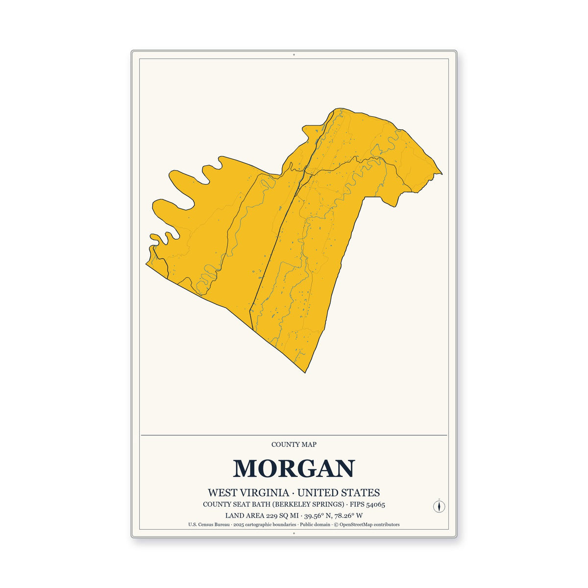 Morgan County, West Virginia Map Aluminum Sign in Citrine Modern style