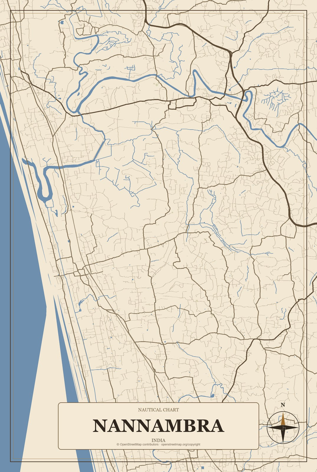 Nannambra, India City Map Aluminum Sign in Heritage Nautical style