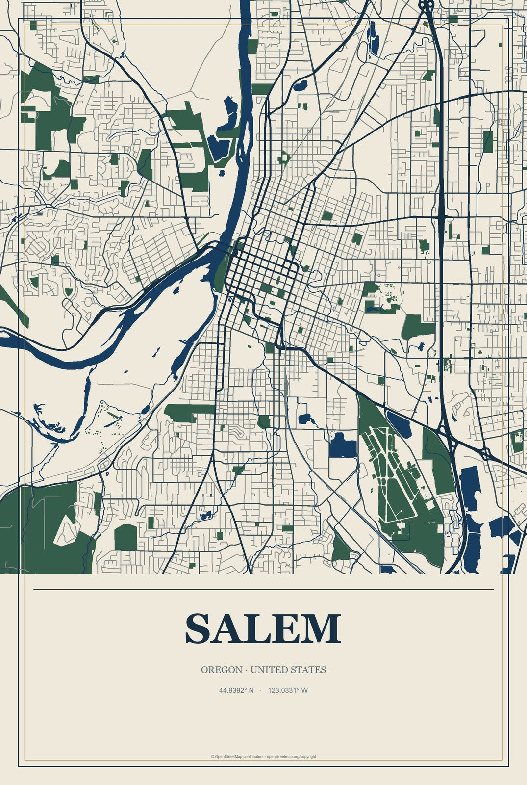 Salem, Oregon City Map Aluminum Sign in Coastal Cutout style