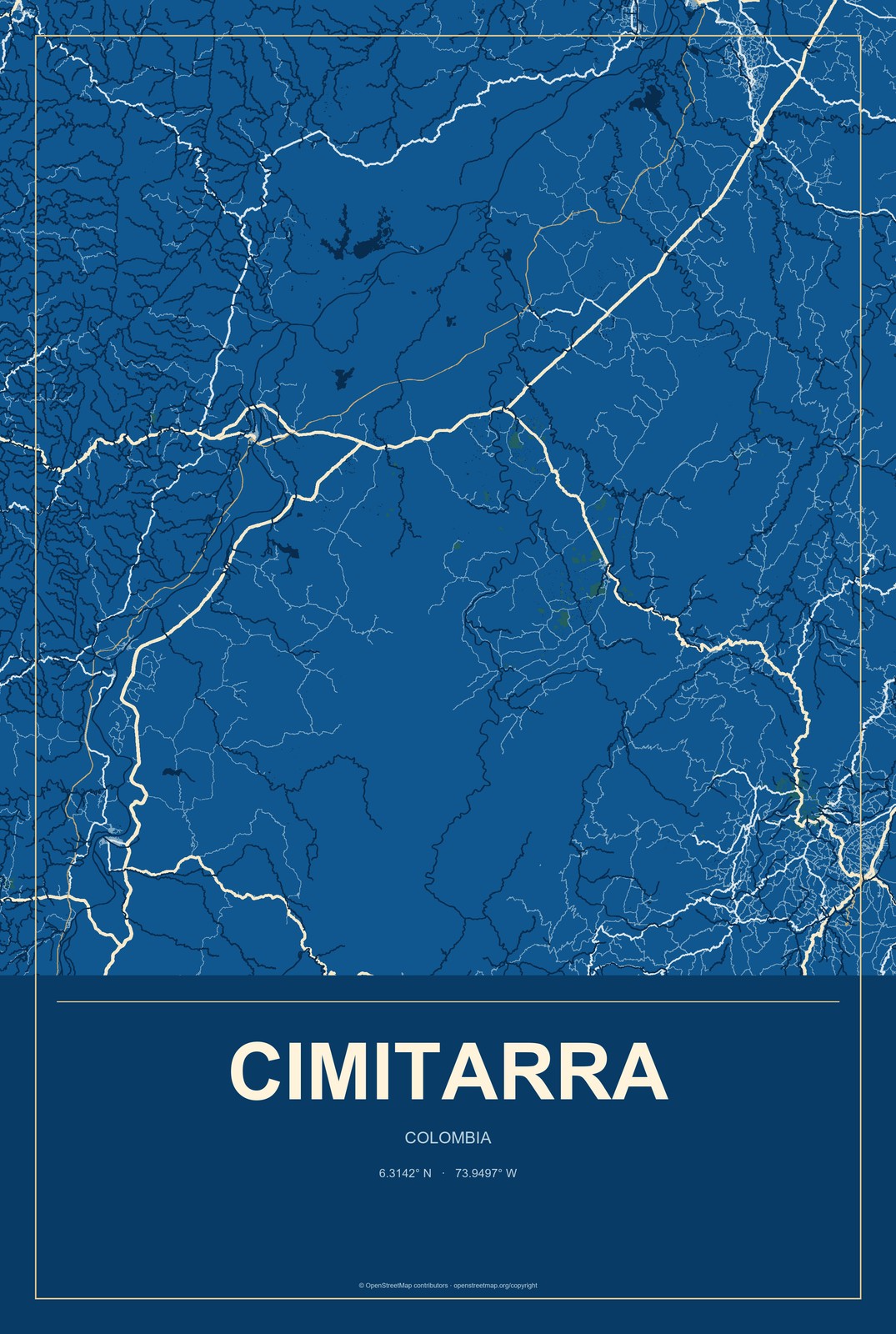 Cimitarra, Colombia City Map Aluminum Sign in Harbor Cobalt style