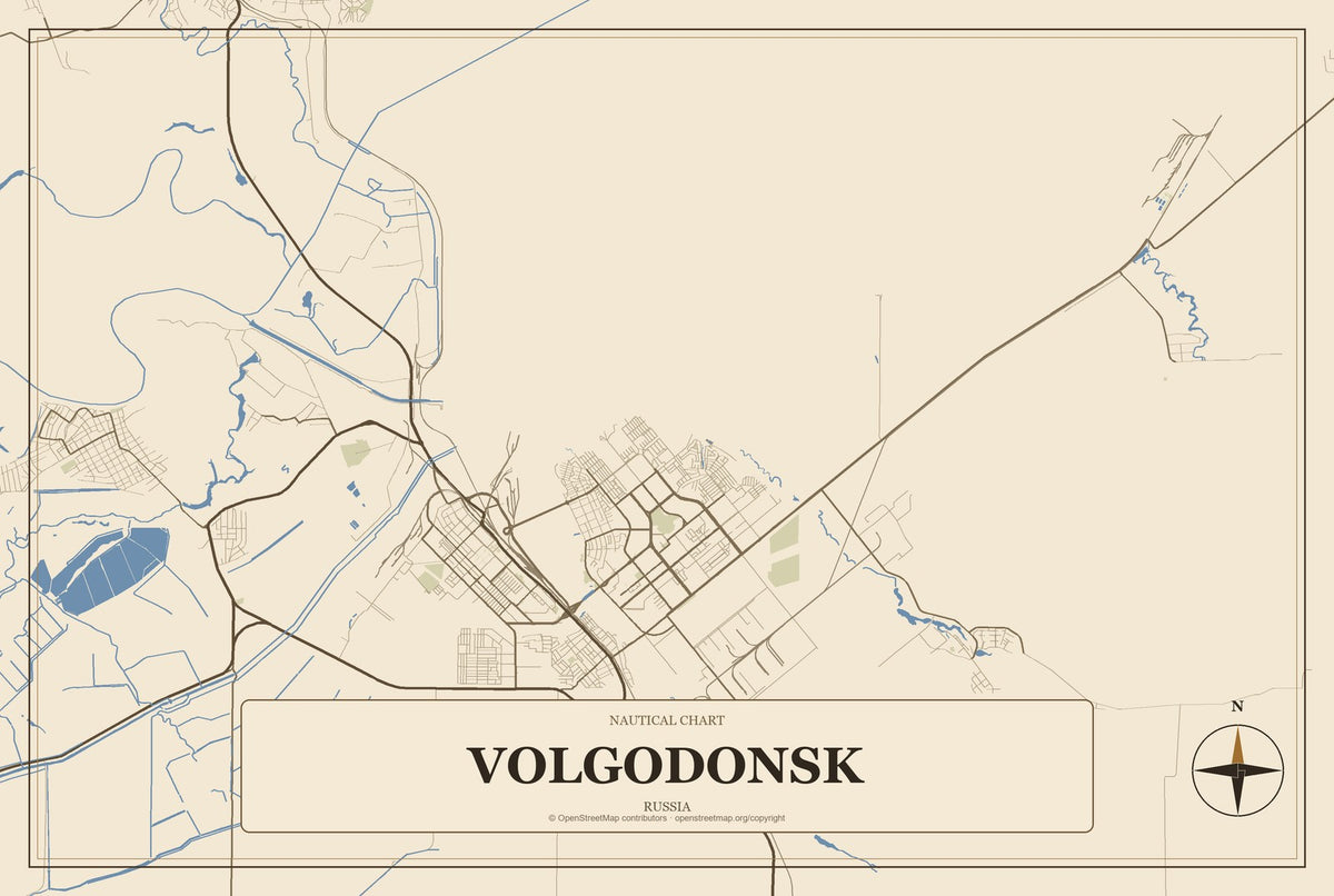 Volgodonsk, Russia City Map Aluminum Sign in Heritage Nautical style