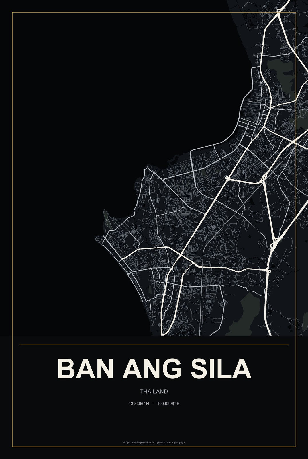 Ban Ang Sila, Thailand City Map Aluminum Sign in Metropolitan Noir style