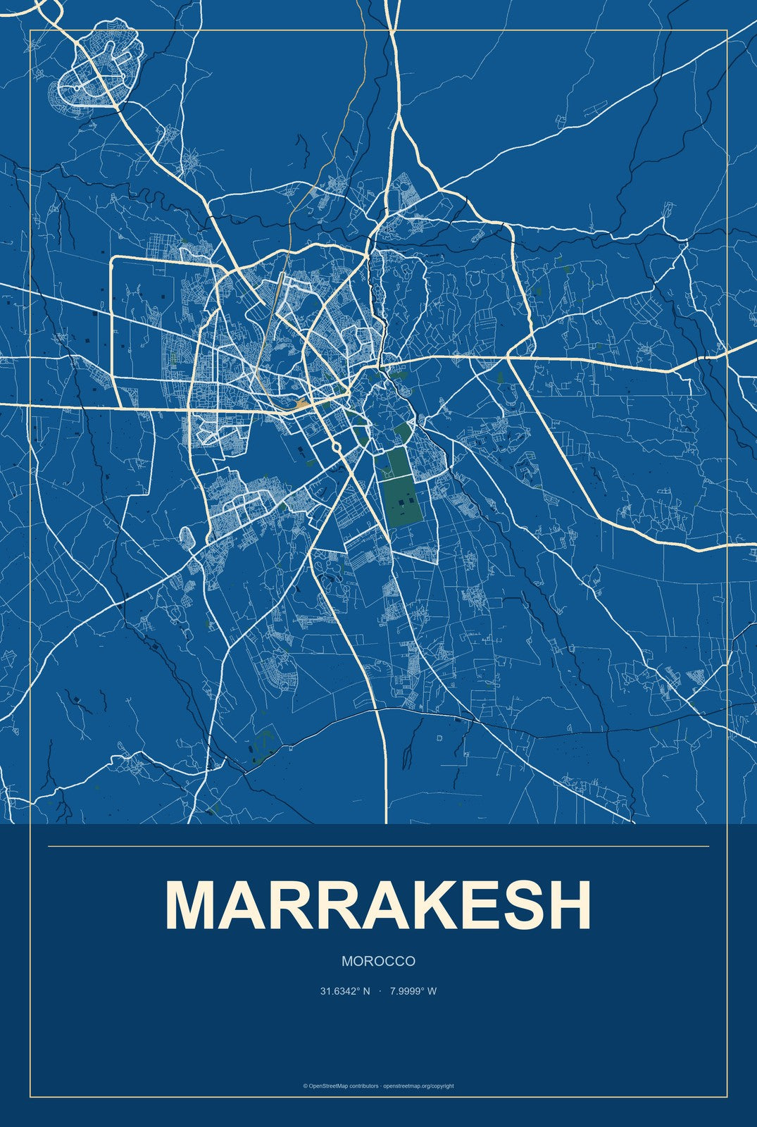 Marrakesh, Morocco City Map Aluminum Sign in Harbor Cobalt style