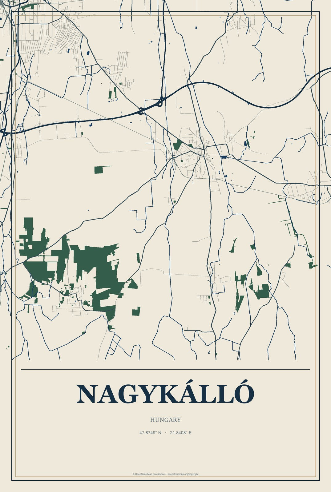 Nagykálló, Hungary City Map Aluminum Sign in Coastal Cutout style