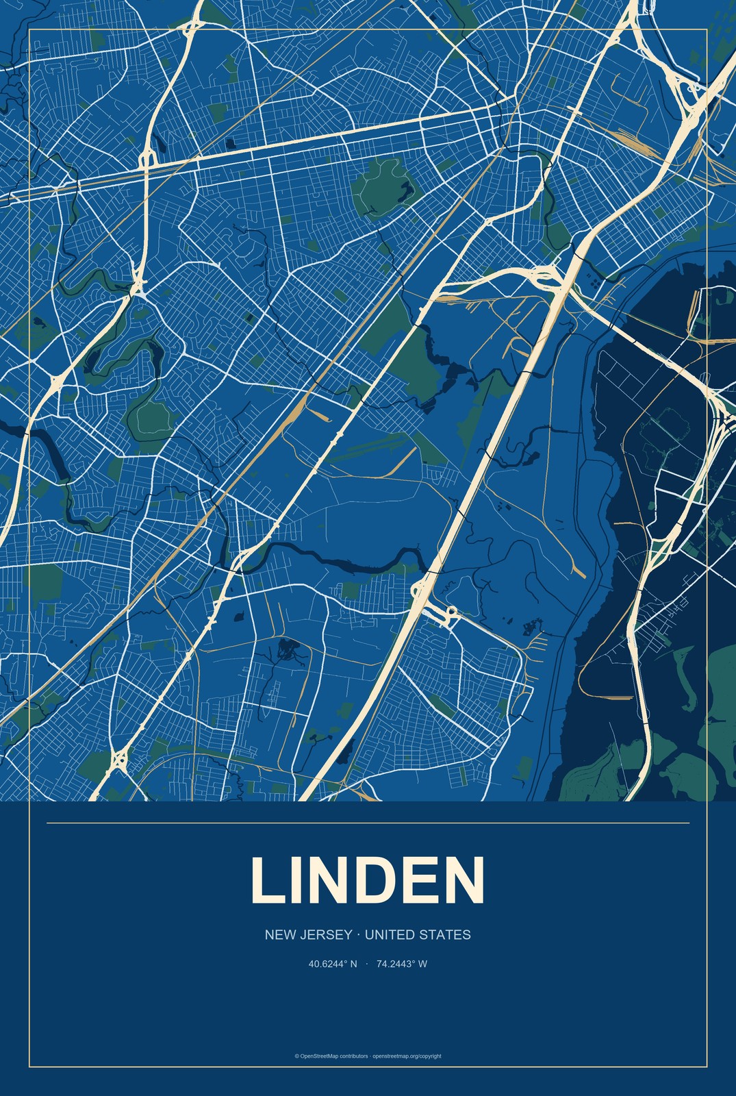 Linden, New Jersey City Map Aluminum Sign in Harbor Cobalt style