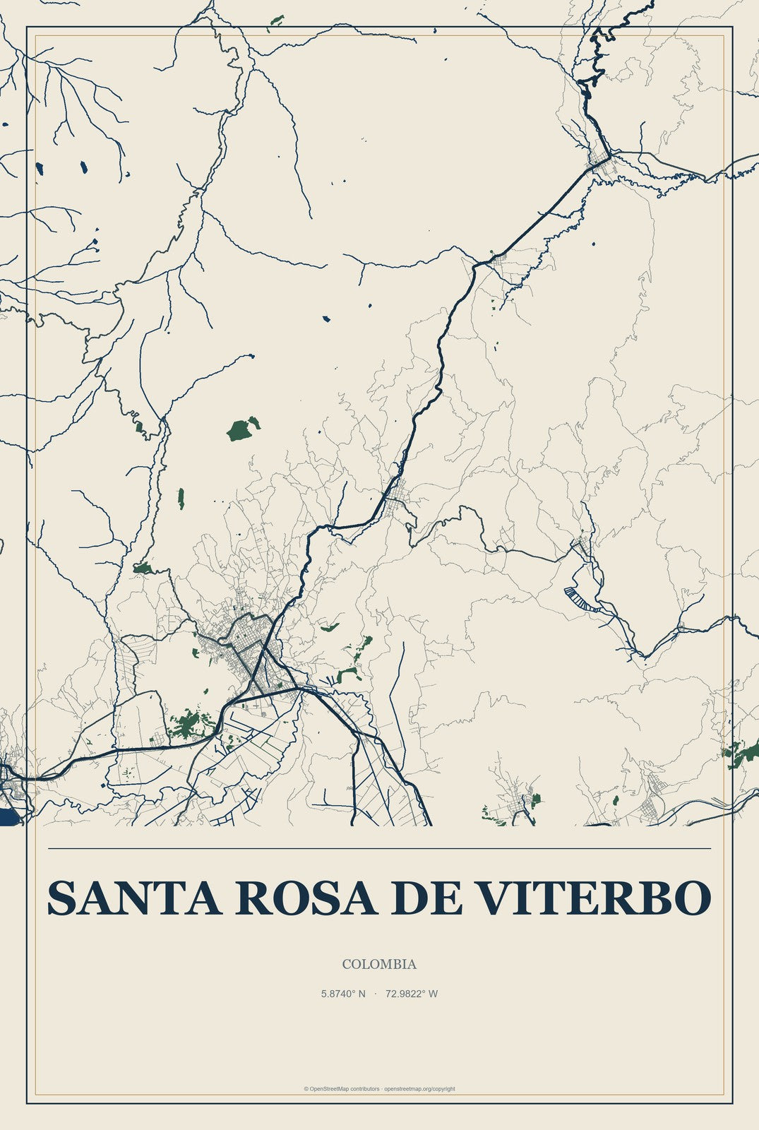 Santa Rosa de Viterbo, Colombia City Map Aluminum Sign in Coastal Cutout style