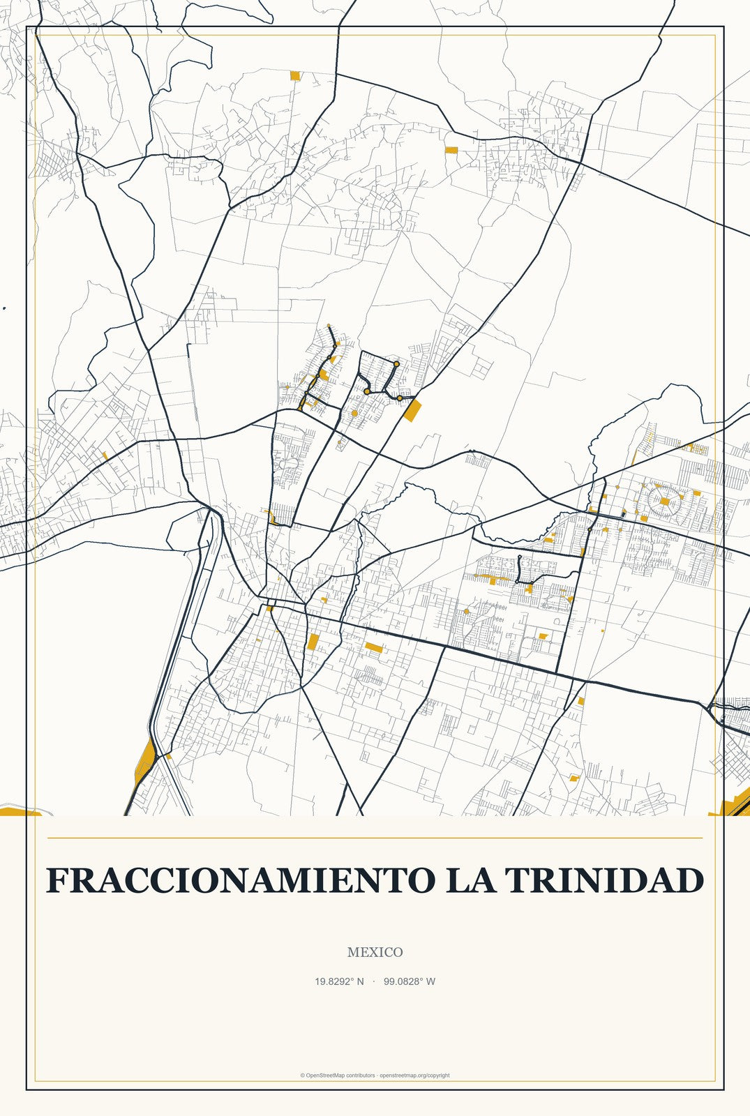 Fraccionamiento la Trinidad, Mexico City Map Aluminum Sign in Citrine Modern style
