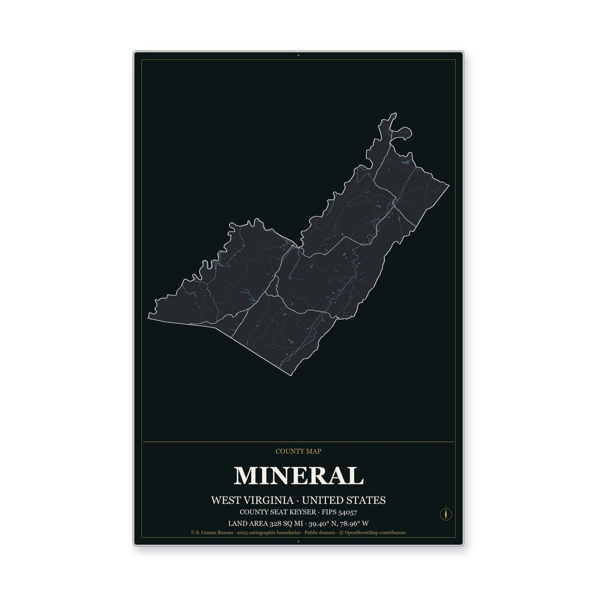 Mineral County, West Virginia Map Aluminum Sign in Metropolitan Noir style