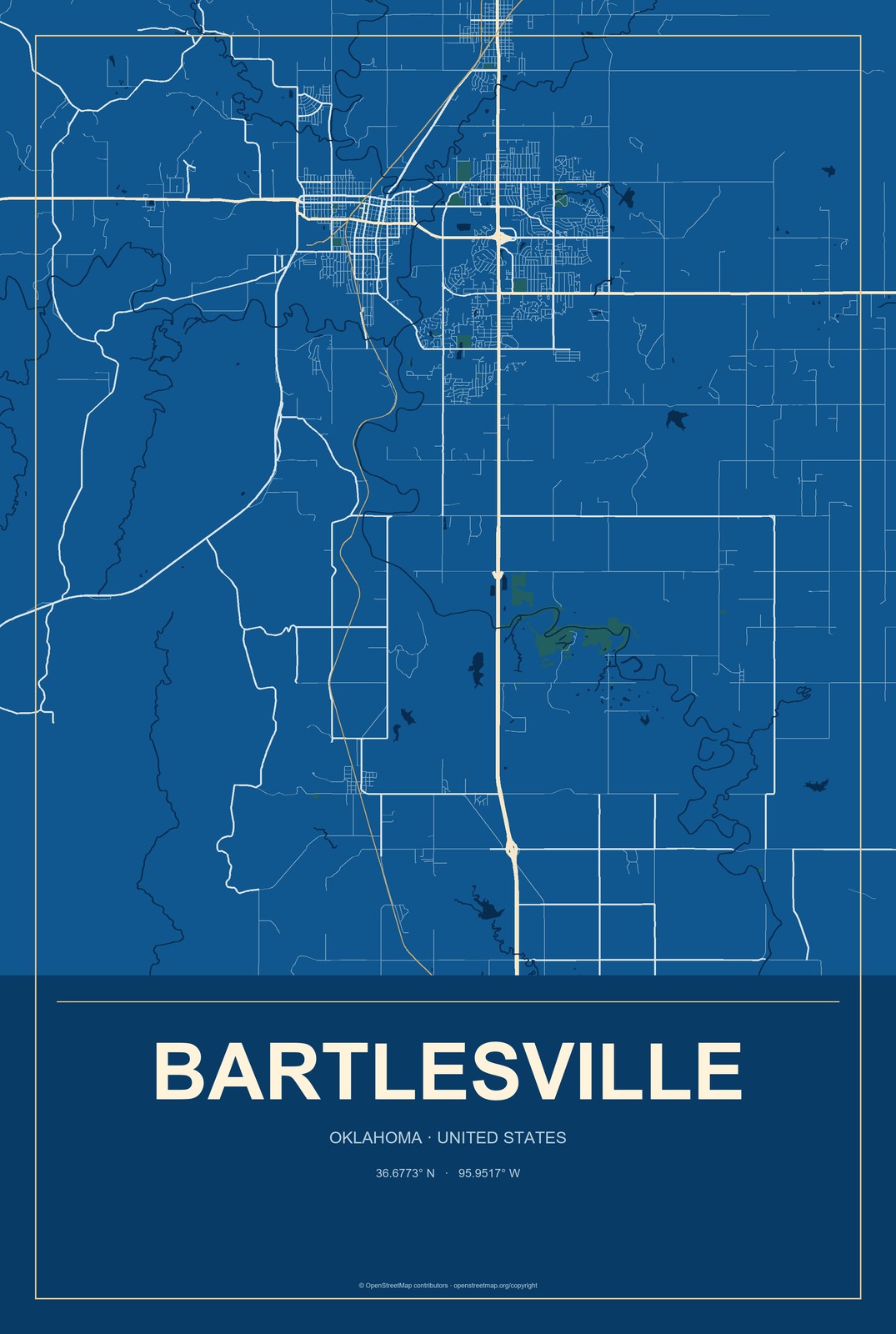 Bartlesville, Oklahoma City Map Aluminum Sign in Harbor Cobalt style