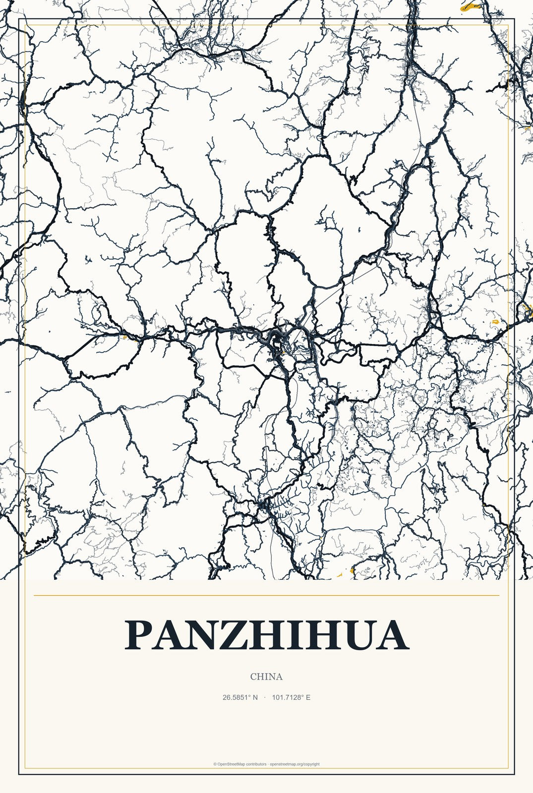 Panzhihua, China City Map Aluminum Sign in Citrine Modern style