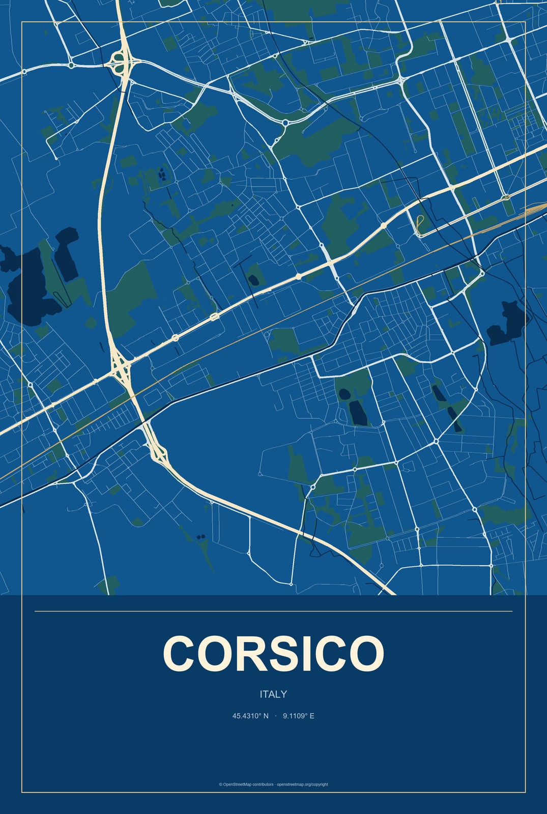 Corsico, Italy City Map Aluminum Sign in Harbor Cobalt style