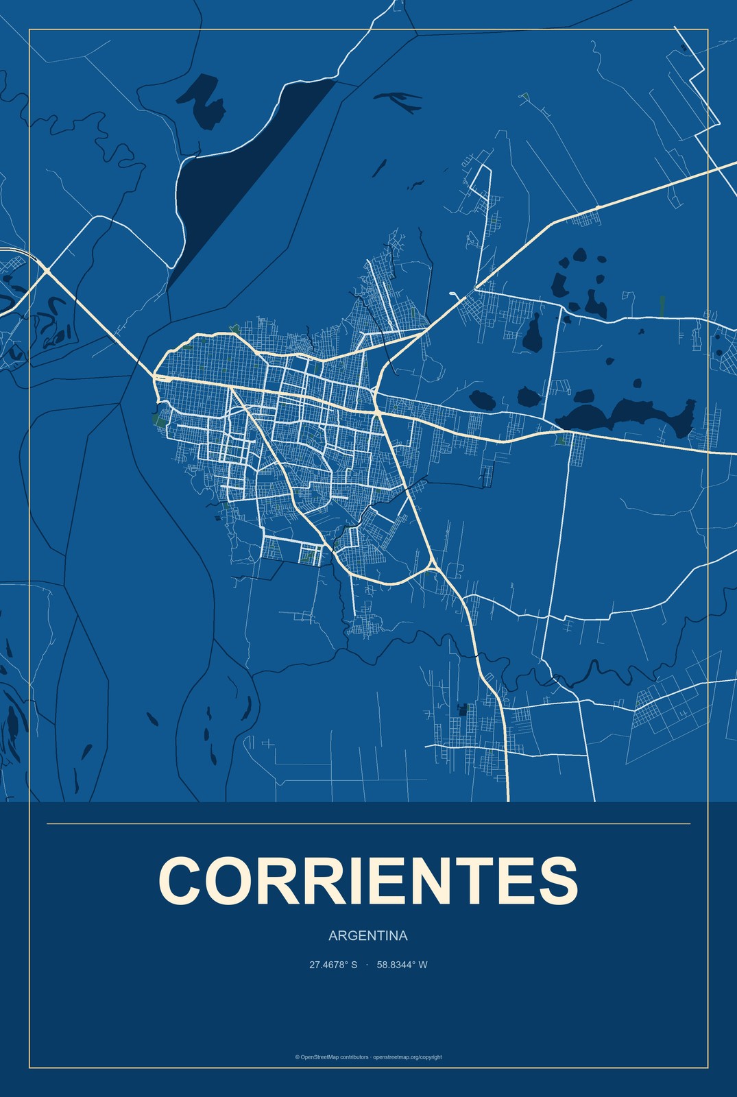 Corrientes, Argentina City Map Aluminum Sign in Harbor Cobalt style