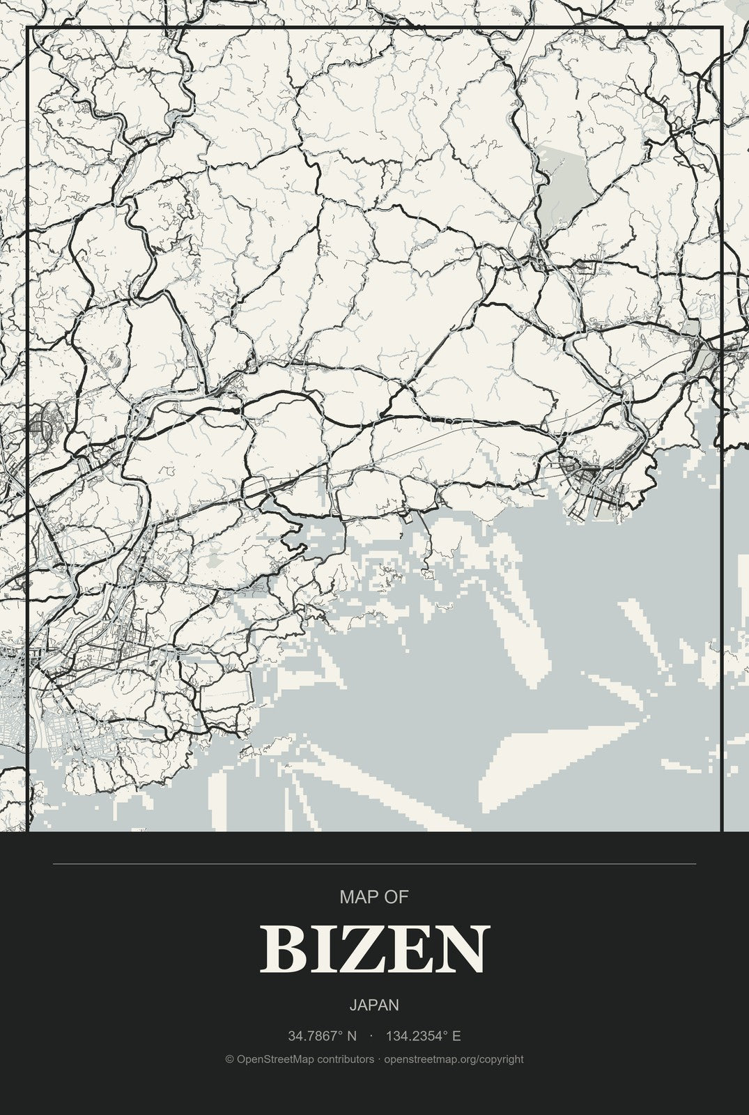Bizen, Japan City Map Aluminum Sign in Museum Plaque style