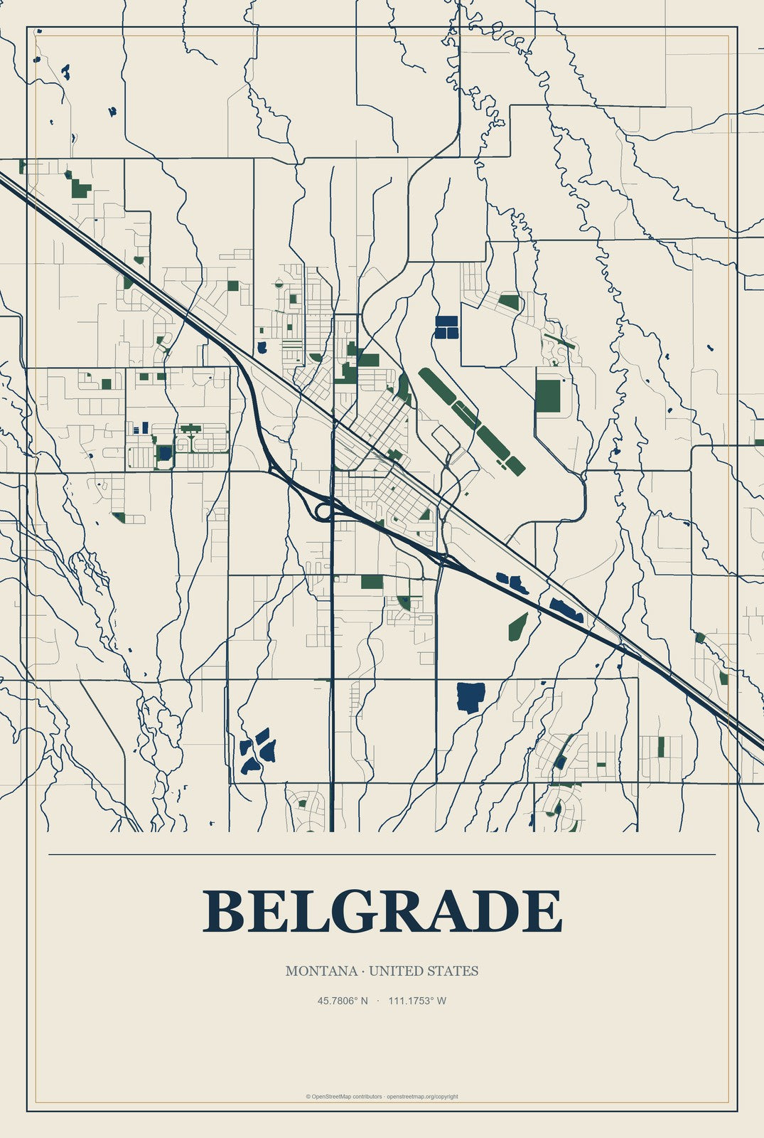 Belgrade, Montana City Map Aluminum Sign in Coastal Cutout style