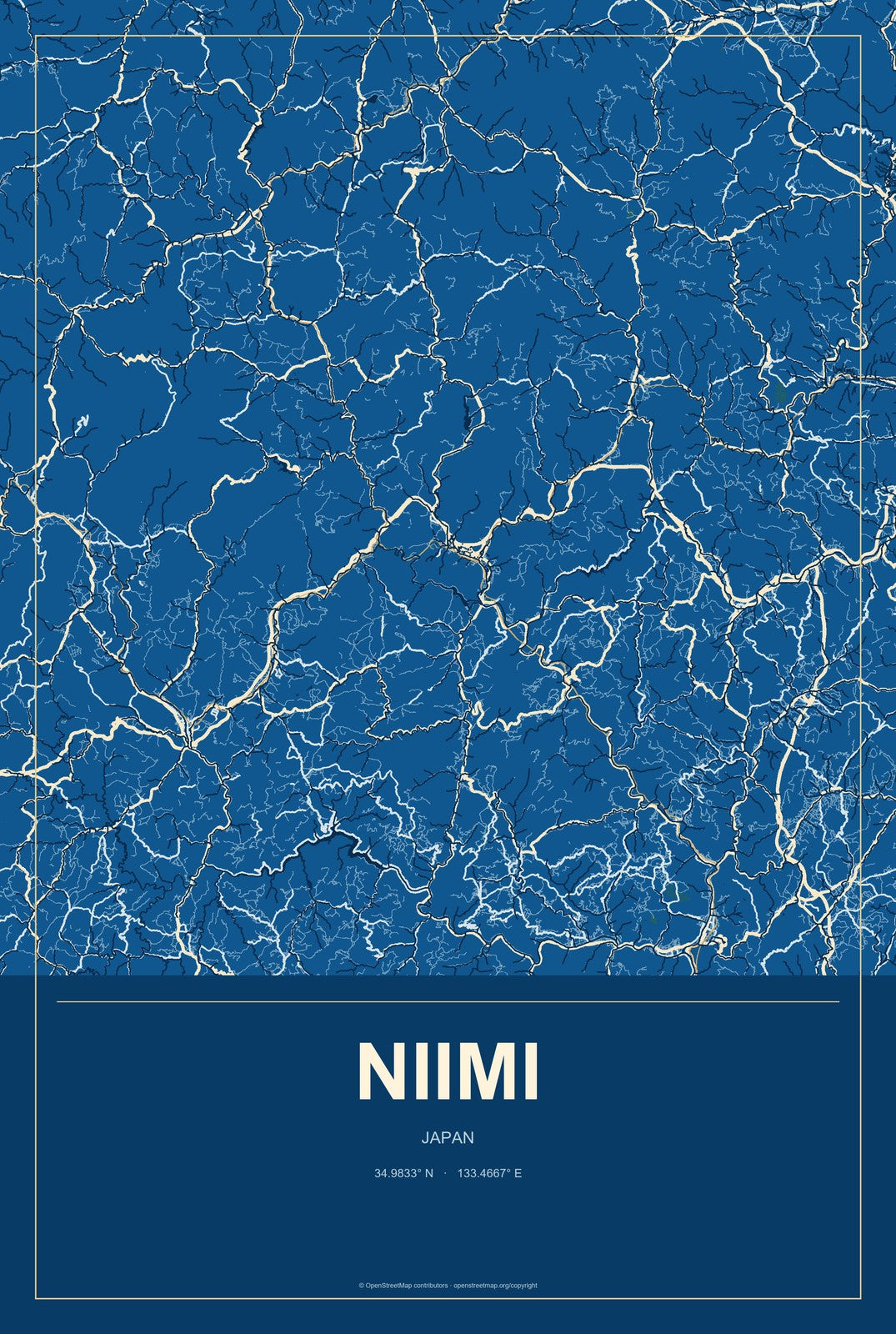 Niimi, Japan City Map Aluminum Sign in Harbor Cobalt style