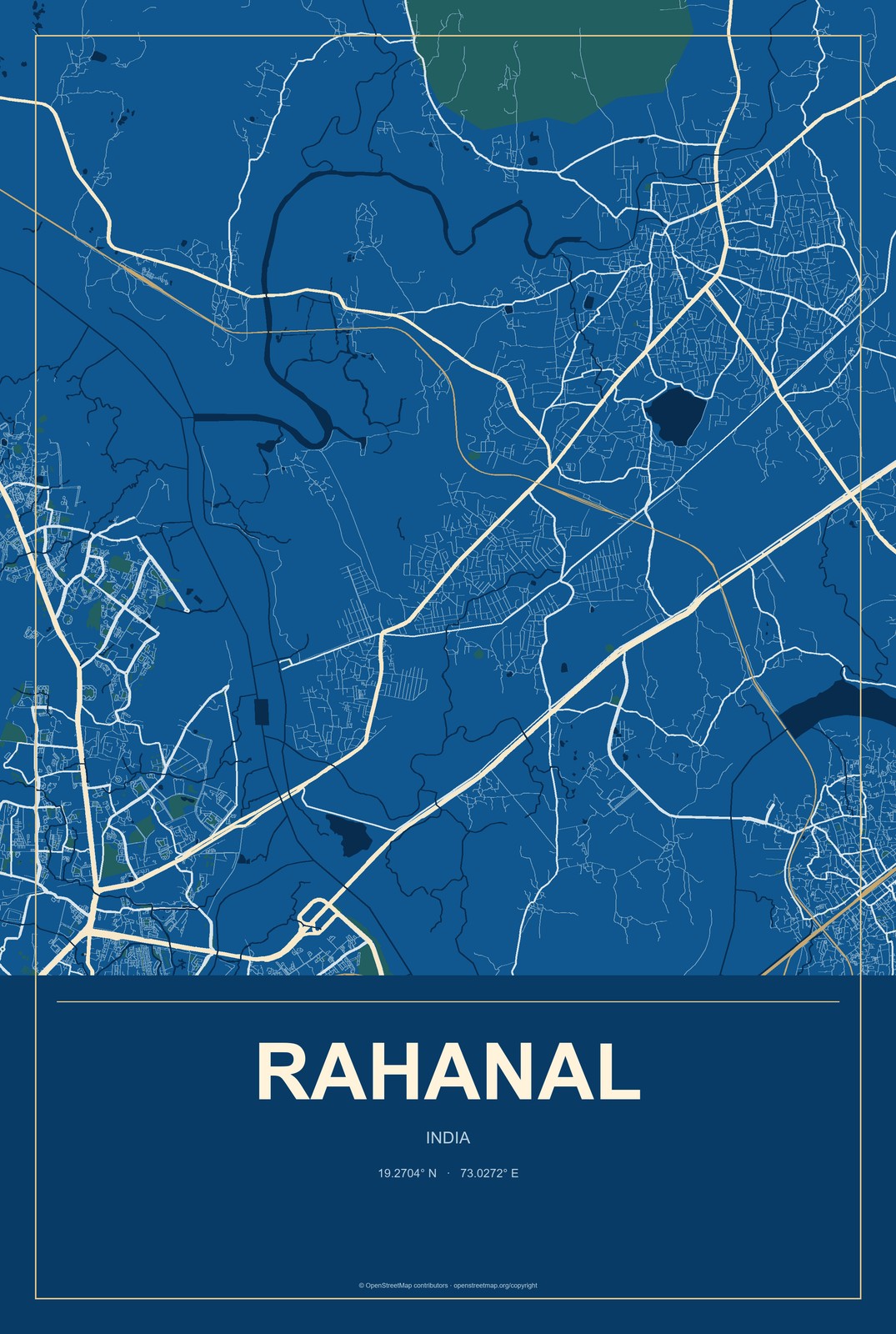 Rahanal, India City Map Aluminum Sign in Harbor Cobalt style