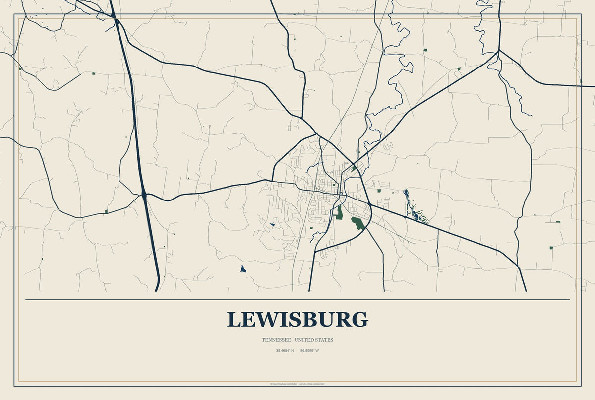 Lewisburg, Tennessee City Map Aluminum Sign in Coastal Cutout style