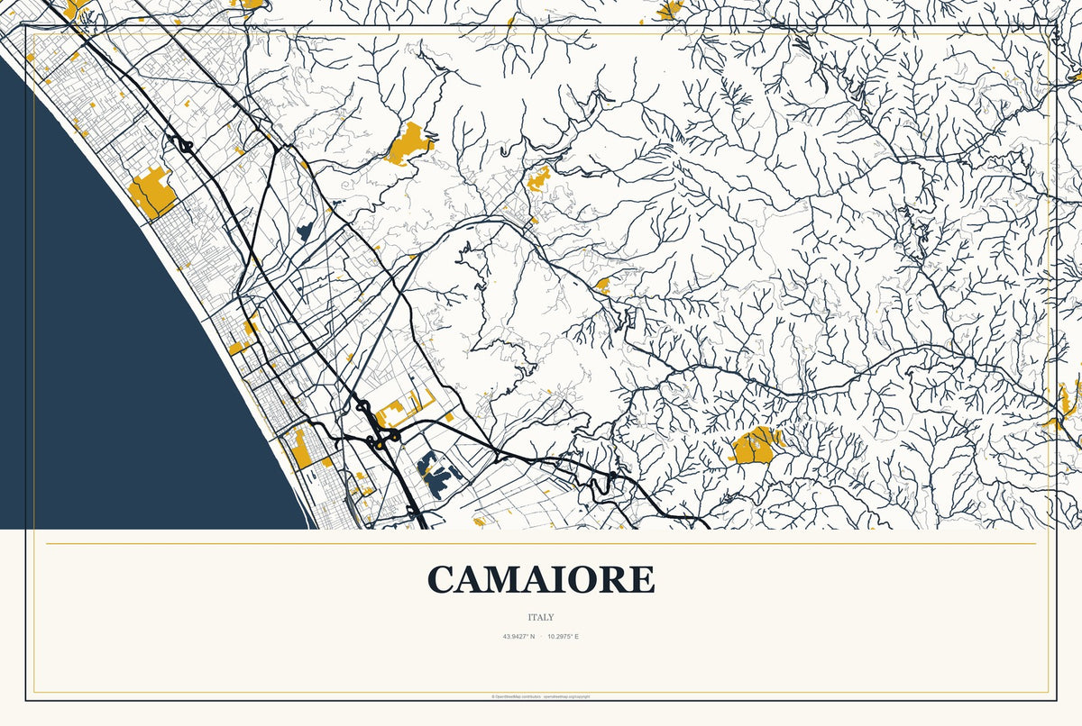 Camaiore, Italy City Map Aluminum Sign in Citrine Modern style