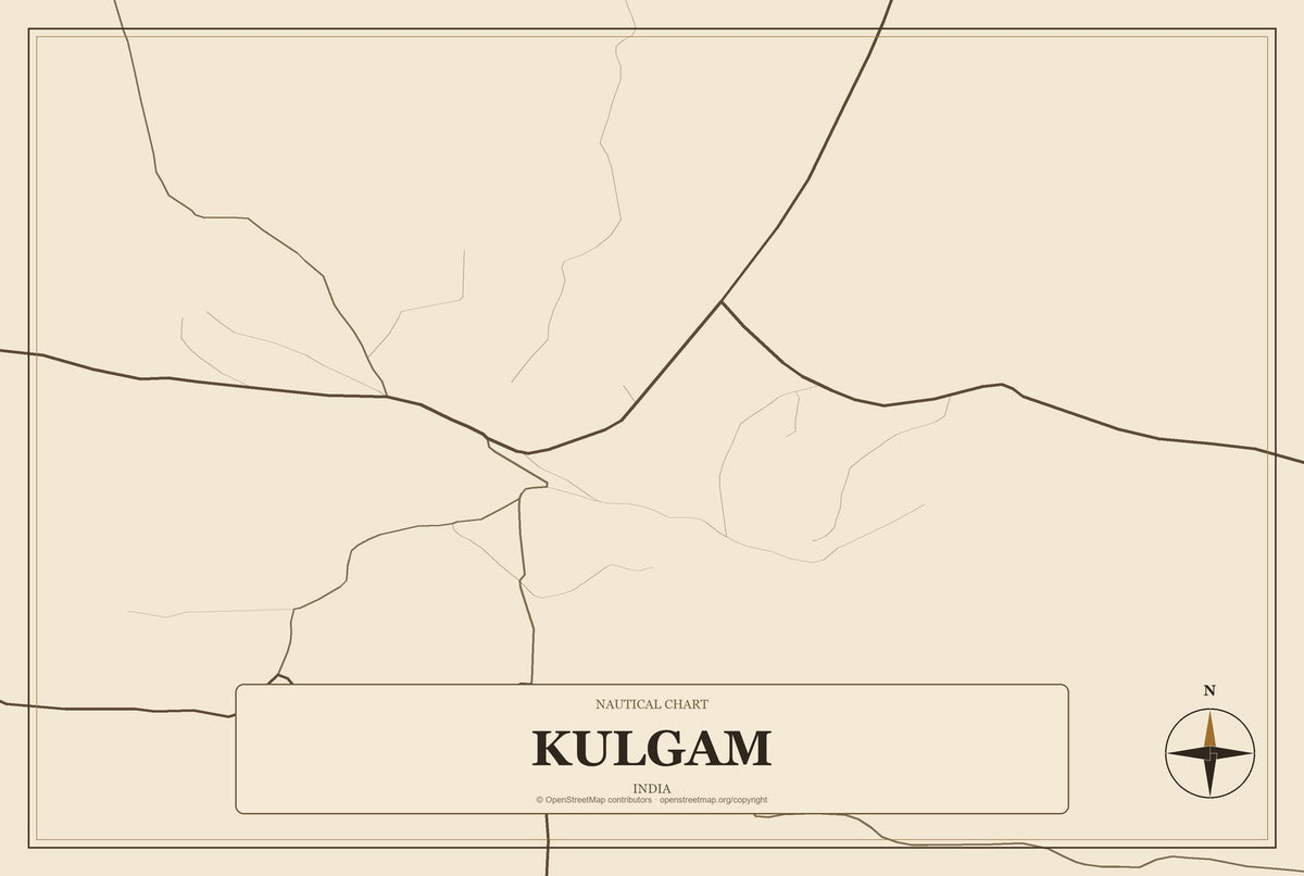 Kulgam, India City Map Aluminum Sign in Heritage Nautical style
