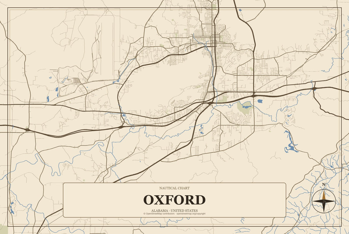 Oxford, Alabama City Map Aluminum Sign in Heritage Nautical style
