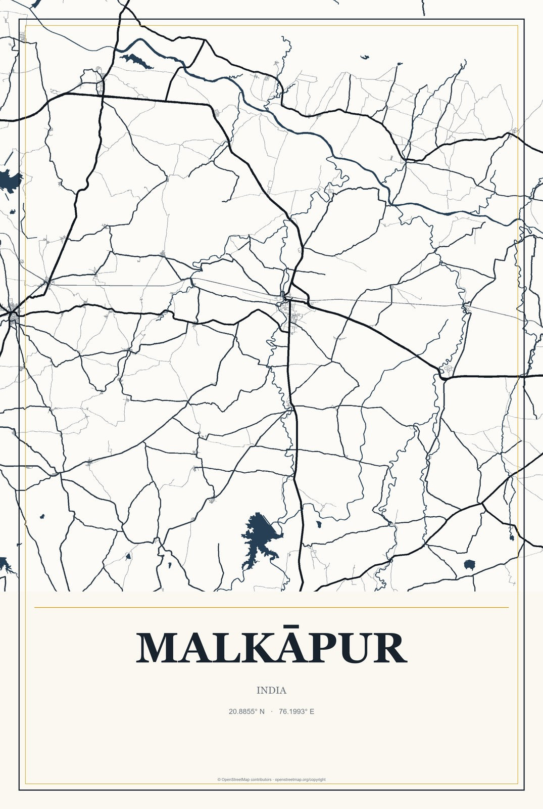 Malkāpur, India City Map Aluminum Sign in Citrine Modern style