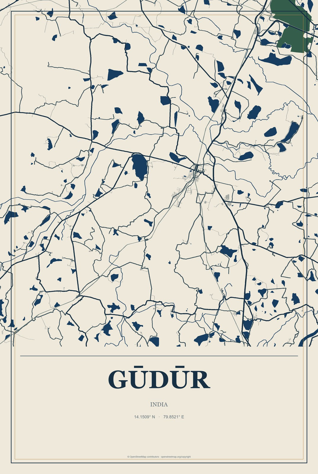 Gūdūr, Karnataka, India City Map Aluminum Sign in Coastal Cutout style