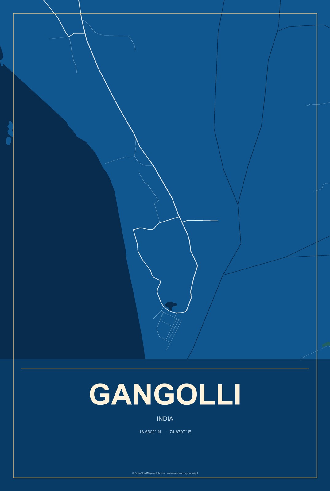 Gangolli, India City Map Aluminum Sign in Harbor Cobalt style