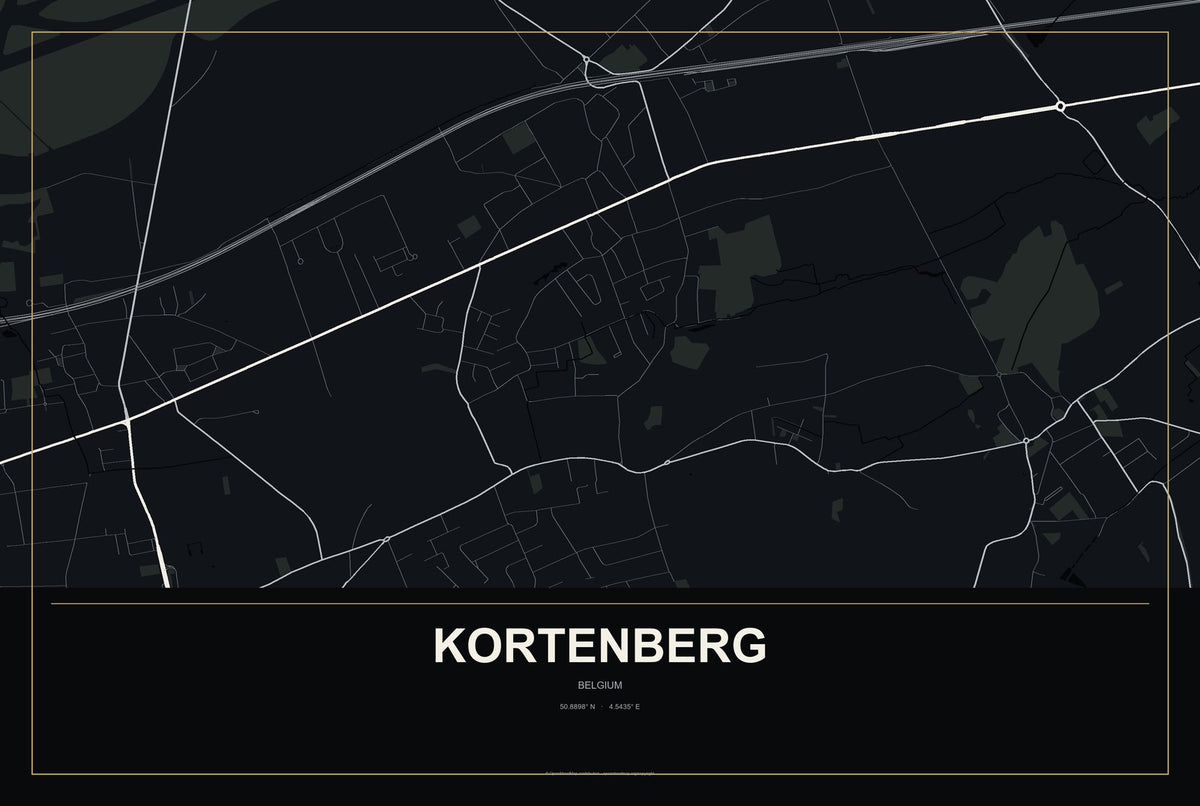 Kortenberg, Belgium City Map Aluminum Sign in Metropolitan Noir style